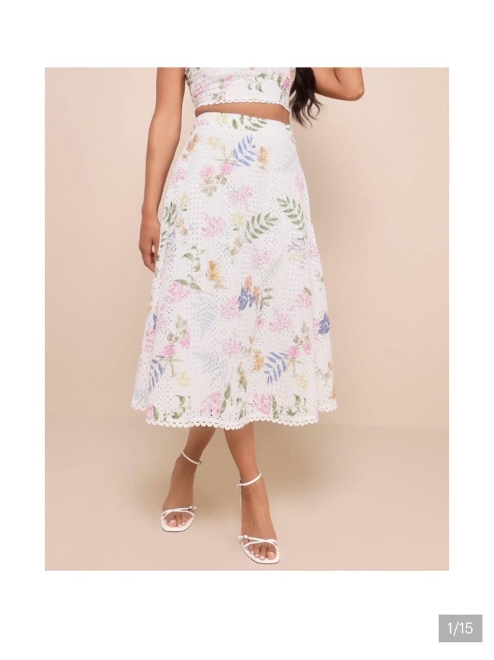 Lulu's White A-Line Eyelet Skirt with Pink, Blue & Yellow Floral Print - Picture 5 of 5